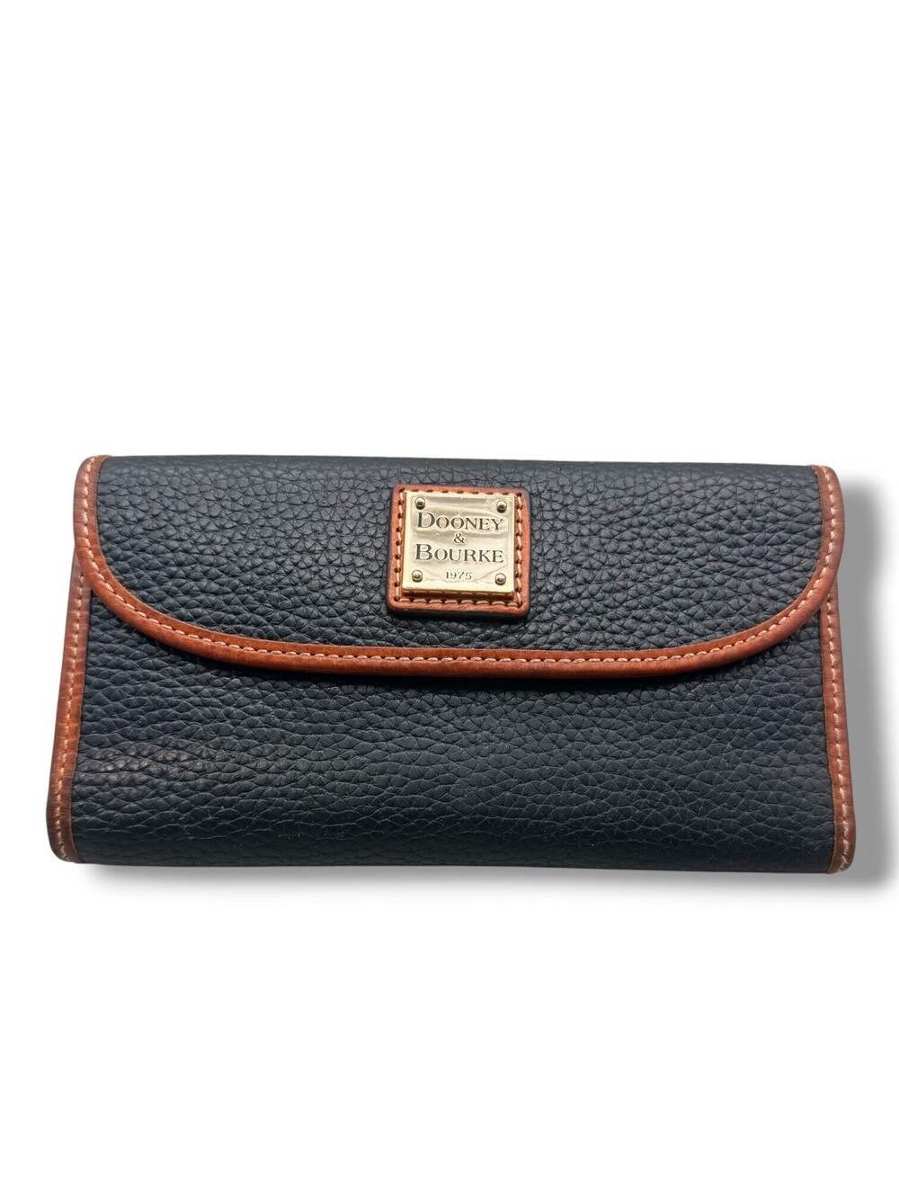 Dooney & Bourke Black Pebble Grain Leather Continental Wallet Clutch Tan Trim
